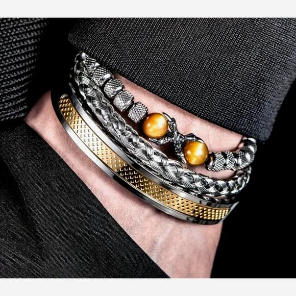 Unisex 3 pc SS Symmetrical Claw Bracelet Set Beaded Golden - Picture 3 of 5